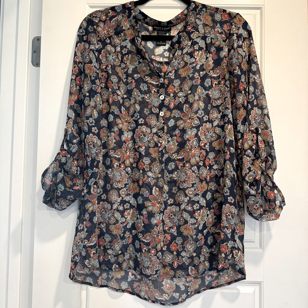 Sheer Fall Paisley Floral Blouse w/ Mother of Pearl Buttons Sz XL Button Sleeve